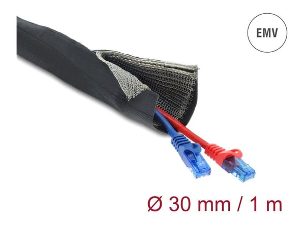 Delock - Kabelhanteringsfodral - 30 mm, flätad, EMI-skyddad, värmebeständig, med kardborrefäste - 1 m - svart