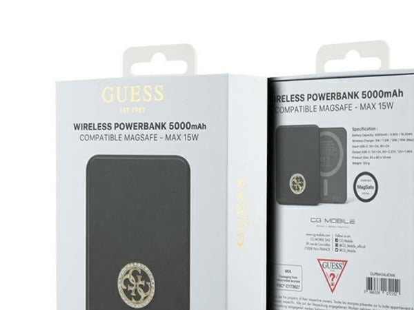 Guess Induction Powerbank 15W GUPBM5AL4DMK 5000mAh svart/svart MagSafe 4G Strassed Metal Logo