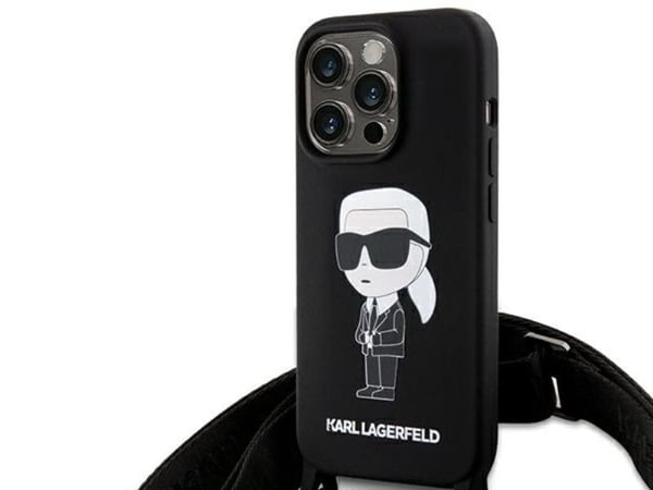 Karl Lagerfeld flytande silikon crossbody-skal Ikonik för iPhone 15 Pro Max - svart