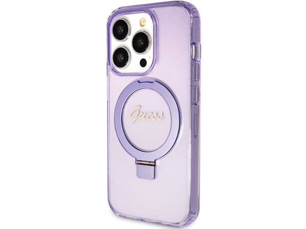Aito GUESS GUHMP15LHRSGSU Etupaneeli Kotelo iPhone 15 Pro (Magsafe / Glitter Script Logo / Ring Stand / Violetti)