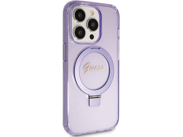 Aito GUESS GUHMP15LHRSGSU Etupaneeli Kotelo iPhone 15 Pro (Magsafe / Glitter Script Logo / Ring Stand / Violetti)