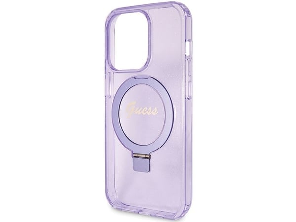 Aito GUESS GUHMP15LHRSGSU Etupaneeli Kotelo iPhone 15 Pro (Magsafe / Glitter Script Logo / Ring Stand / Violetti)