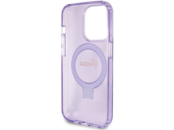 Guess GUHMP15LHRSGSU Apple iPhone 15 Pro 6.1" lila hårt skal Ring Stand Script Glitter MagSafe