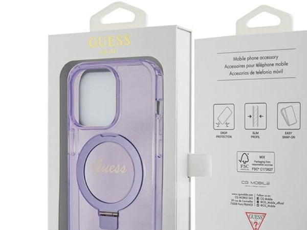 Guess GUHMP15LHRSGSU Apple iPhone 15 Pro 6.1" lila hårt skal Ring Stand Script Glitter MagSafe