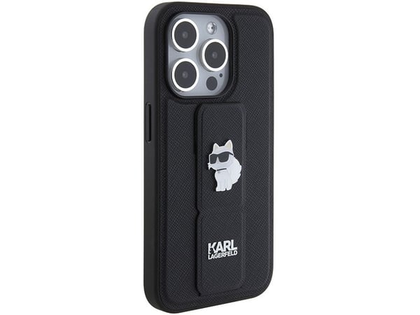 Karl Lagerfeld Gripstand Saffiano Choupette Pins dėklas iPhone 15 Pro - juodas