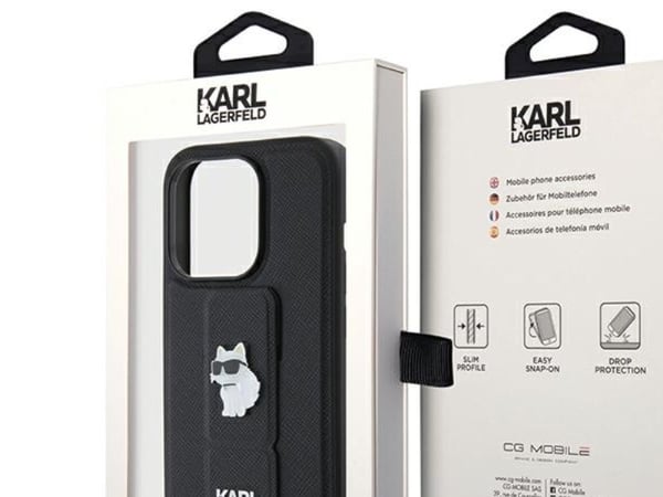 Karl Lagerfeld Gripstand Saffiano Choupette Pins dėklas iPhone 15 Pro - juodas