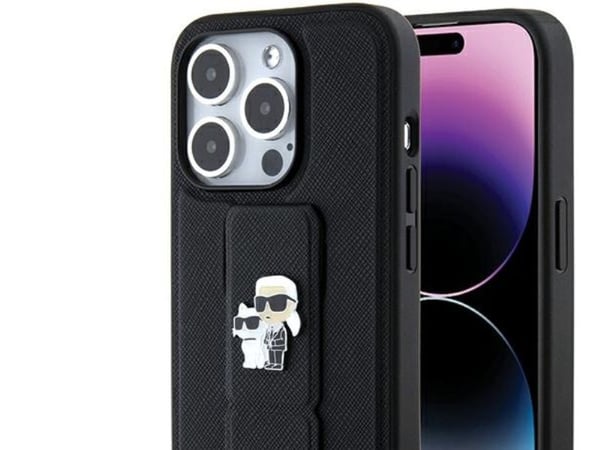 Karl Lagerfeld Gripstand Saffiano Karl&Choupette Pins dėklas iPhone 15 Pro - juodas