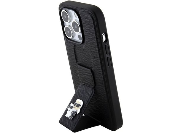 Karl Lagerfeld Gripstand Saffiano Karl&Choupette Pins dėklas iPhone 15 Pro - juodas