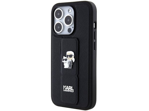 Karl Lagerfeld Gripstand Saffiano Karl&Choupette Pins dėklas iPhone 15 Pro - juodas
