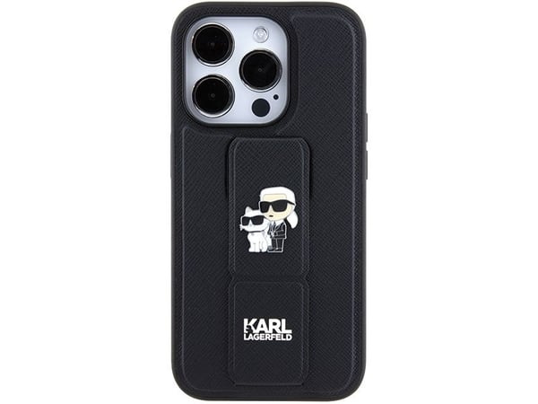 Karl Lagerfeld Gripstand Saffiano Karl&Choupette Pins dėklas iPhone 15 Pro - juodas