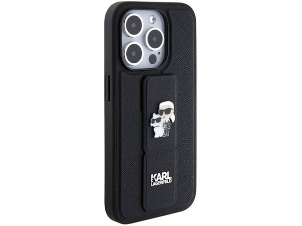 Karl Lagerfeld Gripstand Saffiano Karl&Choupette Pins dėklas iPhone 15 Pro - juodas