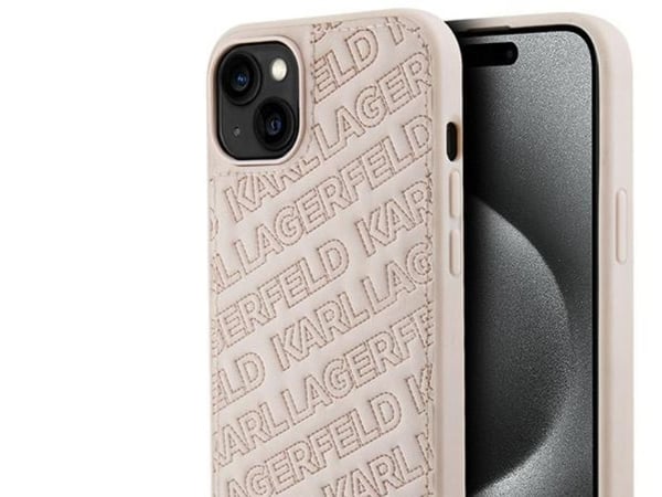 Aito Karl Lagerfeld KLHCP15MPQKPMP etupaneelikotelo iPhone 15 Plus -puhelimelle (tikattu kuvio / vaaleanpunainen)