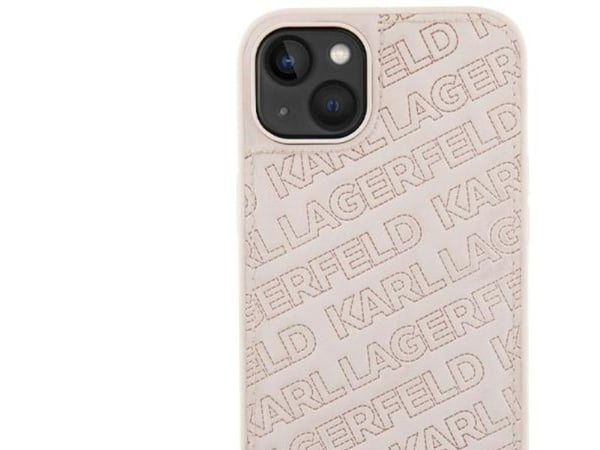 Aito Karl Lagerfeld KLHCP15MPQKPMP etupaneelikotelo iPhone 15 Plus -puhelimelle (tikattu kuvio / vaaleanpunainen)