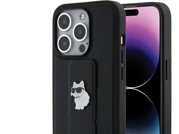 Karl Lagerfeld Kotelo iPhone 15 Pro Max 6,7" KLHCP15XGSACHPK musta GRIPSTAND SAFFIANO CHOUPETTE PINS