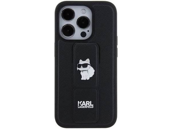 Karl Lagerfeld Kotelo iPhone 15 Pro Max 6,7" KLHCP15XGSACHPK musta GRIPSTAND SAFFIANO CHOUPETTE PINS