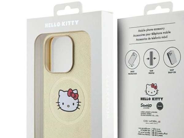 Hello Kitty iPhone 15 Pro Max 6,7" hardcase i gull/gull med MagSafe Leather Kitty Head