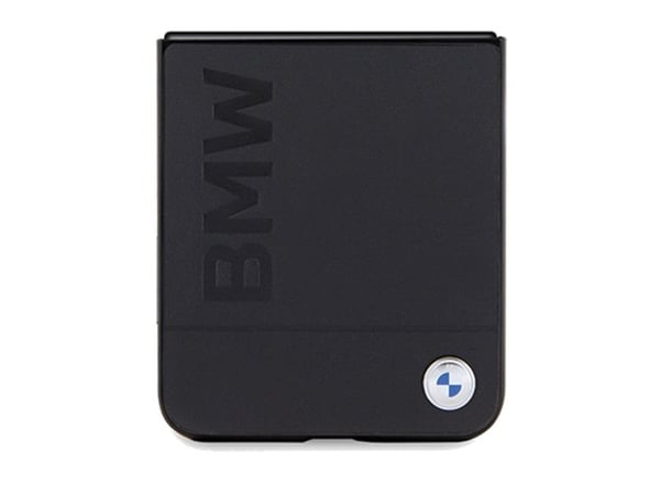 Skal BMW BMHCZF5SLLBK för Z Flip5 F731 i svart läder med hot stamp
