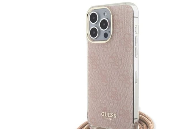 Aito GUESS GUHCP15LHC4SEP Etupaneeli Kotelo iPhone 15 Pro (Crossbody Cord 4G Print / vaaleanpunainen) Aito GUESS GUHCP15LHC4SEP Etupaneeli Kotelo iPhone 15 Pro (Crossbody Cord 4G Print / vaaleanpunainen)