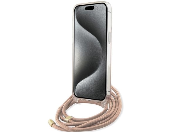 Aito GUESS GUHCP15LHC4SEP Etupaneeli Kotelo iPhone 15 Pro (Crossbody Cord 4G Print / vaaleanpunainen)