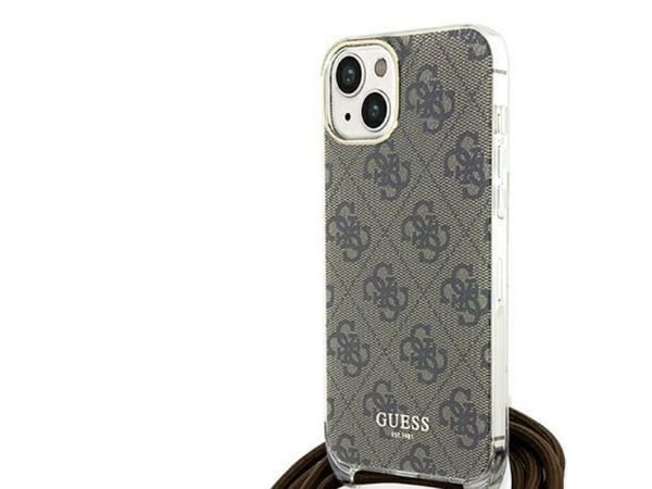 Aito GUESS GUHCP15SHC4SEW Etupaneeli tapauksessa iPhone 15 (Crossbody Cord 4G Print / Brown)