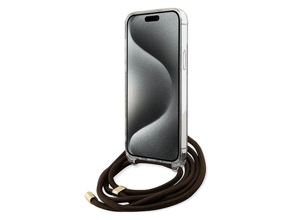 Aito GUESS GUHCP15SHC4SEW Etupaneeli tapauksessa iPhone 15 (Crossbody Cord 4G Print / Brown)