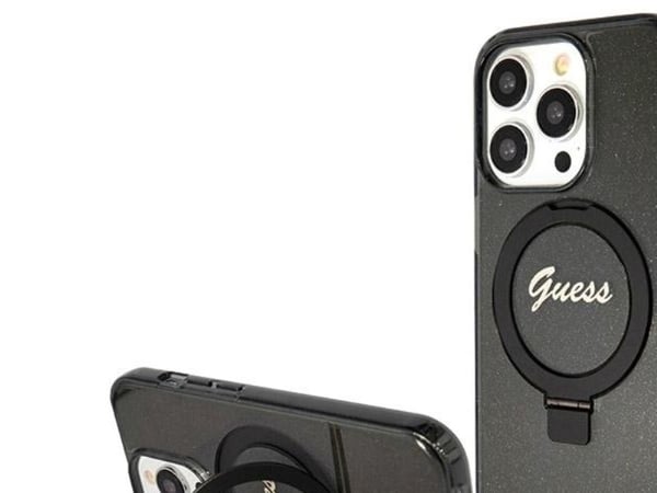 Deklas GUESS GUHMP14XHRSGSK iPhone 14 Pro Max 6,7" svart/svart HARDCASE RING STAND SCRIPT GLITTER MAGSAFE