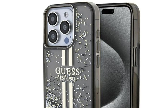 Aito GUESS GUHCP15LLFCSEGK Etupaneeli Kotelo iPhone 15 Pro (nestemäinen Glitter Gold Stripes / Musta)
