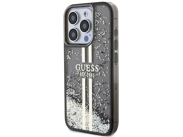 Aito GUESS GUHCP15LLFCSEGK Etupaneeli Kotelo iPhone 15 Pro (nestemäinen Glitter Gold Stripes / Musta)