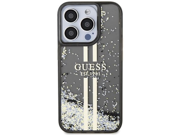 Aito GUESS GUHCP15LLFCSEGK Etupaneeli Kotelo iPhone 15 Pro (nestemäinen Glitter Gold Stripes / Musta)