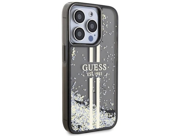 Aito GUESS GUHCP15LLFCSEGK Etupaneeli Kotelo iPhone 15 Pro (nestemäinen Glitter Gold Stripes / Musta)