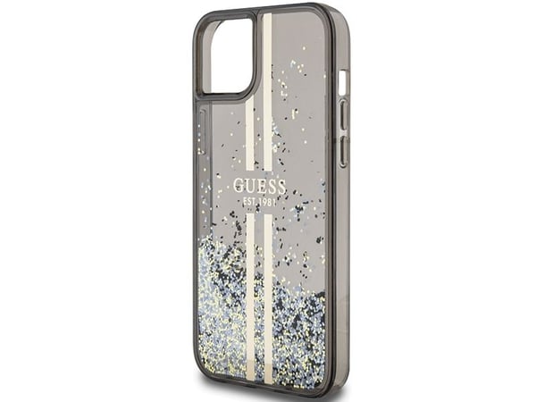 Aito GUESS GUHCP15MLFCSEGK Etupaneelikotelo iPhone 15 Plus (Liquid Glitter Gold Stripes / Musta)