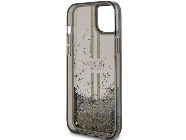 Aito GUESS GUHCP15MLFCSEGK Etupaneelikotelo iPhone 15 Plus (Liquid Glitter Gold Stripes / Musta)