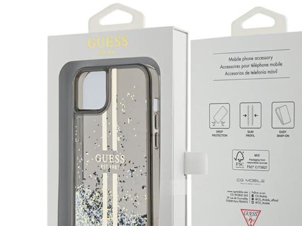 Aito GUESS GUHCP15MLFCSEGK Etupaneelikotelo iPhone 15 Plus (Liquid Glitter Gold Stripes / Musta)