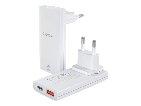 Choetech mini nettlader PD6011 PD65W GaN slim USB-A + C (hvit)