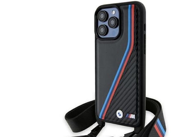 Apple iPhone 15 Pro BMW dėklas M Edition Carbon Tricolor Lines &amp; hihna (BMHCP15L23PSVTK) juodos spalvos