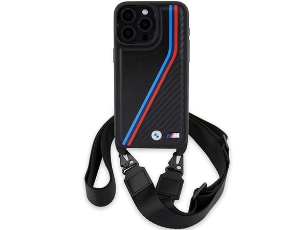 Apple iPhone 15 Pro BMW dėklas M Edition Carbon Tricolor Lines &amp; hihna (BMHCP15L23PSVTK) juodos spalvos