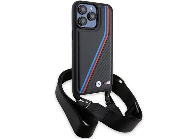 Apple iPhone 15 Pro BMW dėklas M Edition Carbon Tricolor Lines &amp; hihna (BMHCP15L23PSVTK) juodos spalvos