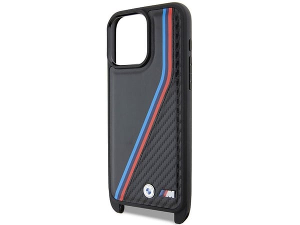 Apple iPhone 15 Pro BMW dėklas M Edition Carbon Tricolor Lines &amp; hihna (BMHCP15L23PSVTK) juodos spalvos