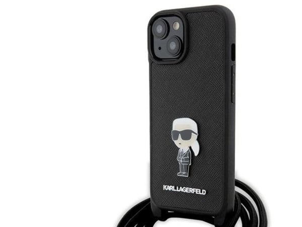 Karl Lagerfeld KLHCP15SSASKNPSK iPhone 15/14/13 6,1" hardcase svart crossbody saffiano monogram metal pin Karl & Choupette