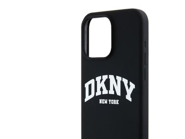 DKNY Liquid Silicone White Printed Logo MagSafe-skal iPhone 15 Pro Max (svart)