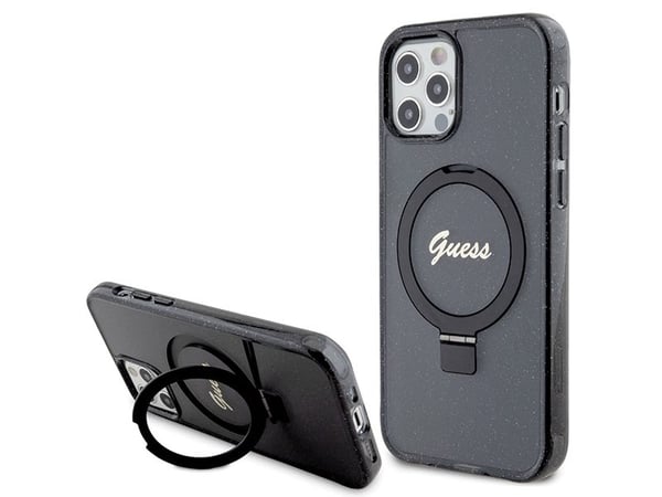 Guess GUHMP12MHRSGSK iPhone 12/12 Pro 6,1" hardt deksel Ring Stand Script Glitter MagSafe, svart