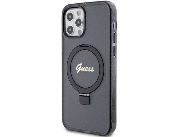 Guess GUHMP12MHRSGSK iPhone 12/12 Pro 6,1" hardt deksel Ring Stand Script Glitter MagSafe, svart