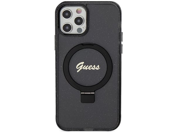 Guess GUHMP12MHRSGSK iPhone 12/12 Pro 6,1" hardt deksel Ring Stand Script Glitter MagSafe, svart