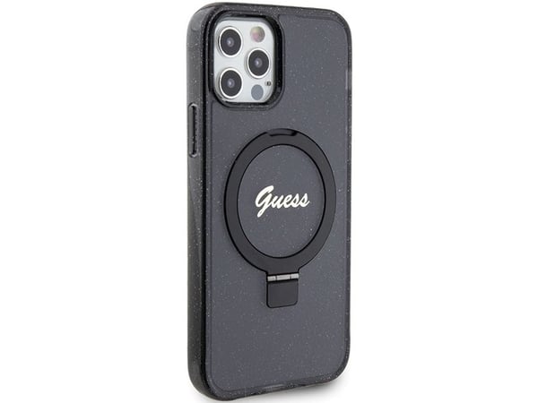 Guess GUHMP12MHRSGSK iPhone 12/12 Pro 6,1" hardt deksel Ring Stand Script Glitter MagSafe, svart