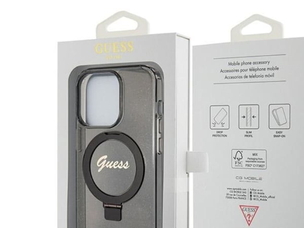 Guess GUHMP13XHRSGSK iPhone 13 Pro Max 6,7" svart deksel Ring Stand Script Glitter MagSafe