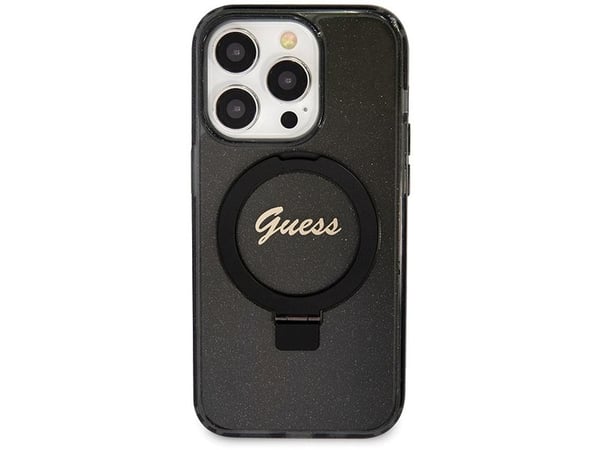 Guess GUHMP14LHRSGSK Apple iPhone 14 Pro 6.1" Musta kotelo Ring Stand Script Glitter MagSafe