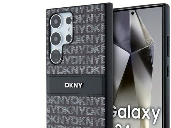 DKNY DKHCS24LPRTHSLK S24 Ultra hardt etui, svart/svart lær med mono stripe & metal-logo