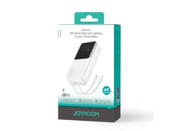 Joyroom powerbank JR-PBC06 10000mAh 30W + innebygde kabler USB-C, Lightning hvit
