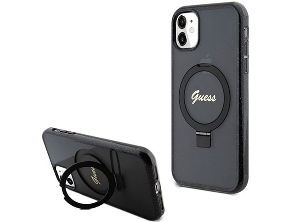 Guess GUHMN61HRSGSK iPhone 11 / Xr 6.1 "Musta asia Ring Stand Script Glitter MagSafe