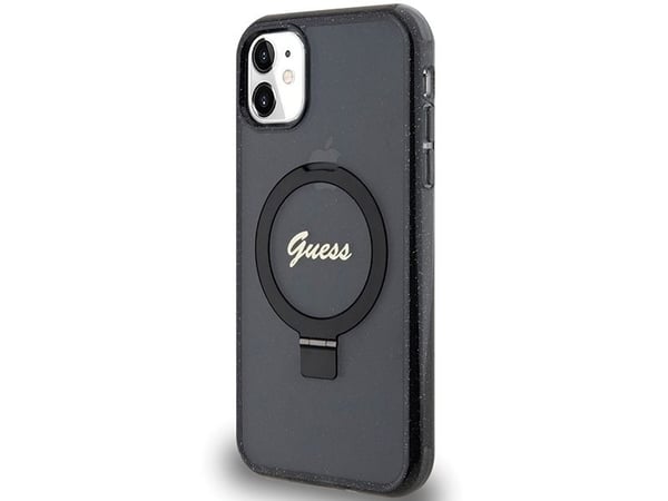 Guess GUHMN61HRSGSK iPhone 11 / Xr 6.1 "Musta asia Ring Stand Script Glitter MagSafe